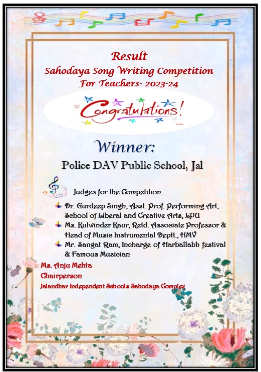 Result of  Online Sahodaya Song Writing Competition-2023 For Teachers